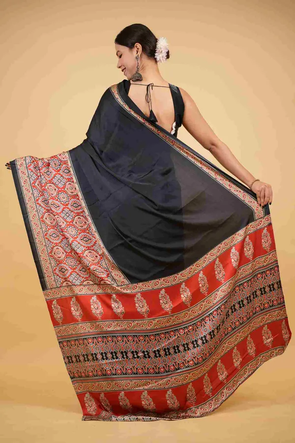 Black_Soft_Silk_Ajrakh_with_Red_Contrast_Pallu_Ready_To_Wear_Saree