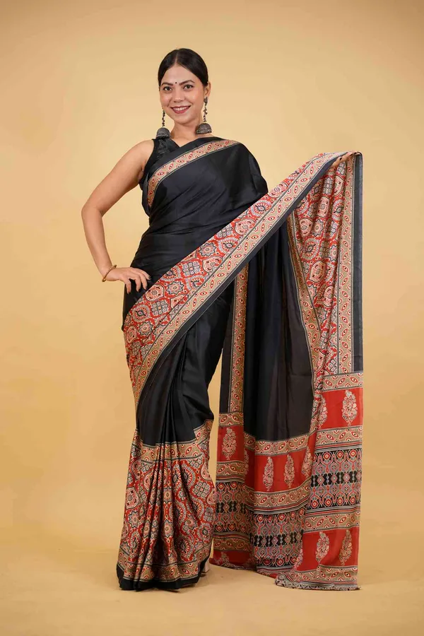 Black_Soft_Silk_Ajrakh_with_Red_Contrast_Pallu_Ready_To_Wear_Saree