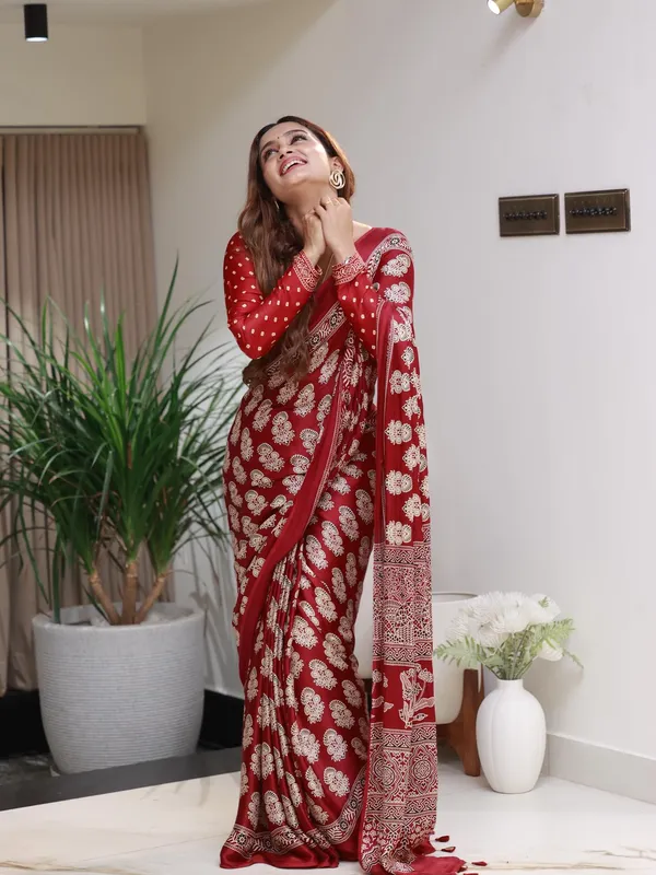 Premium_Semi_Modal_Red_Ajrakh_And_Pure_Mangalkari_Print_Silk_Saree