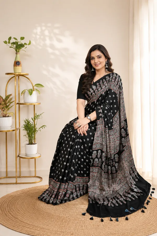 Ajrakh_Roman_Black_Handblock_Modal_Silk_Saree
