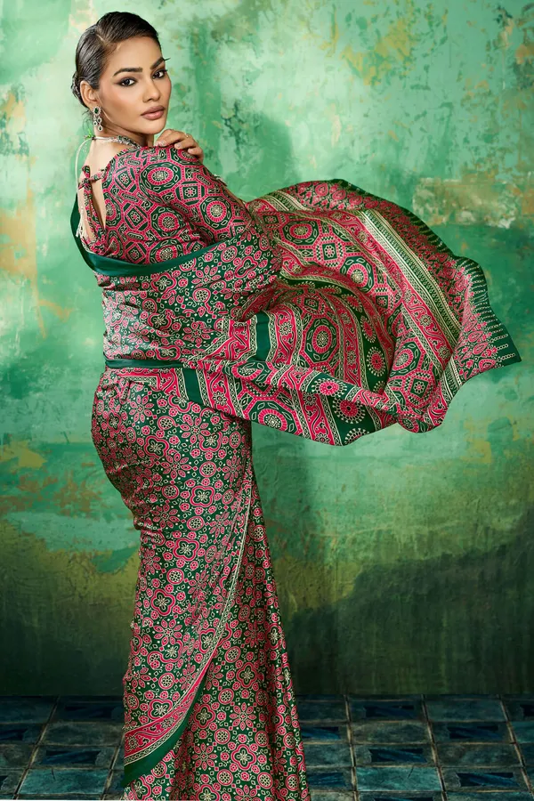 Dark_Green_Ajrakh_Printed_Semi_Modal_Silk_Saree_With_Elaborate_Blouse_Piece
