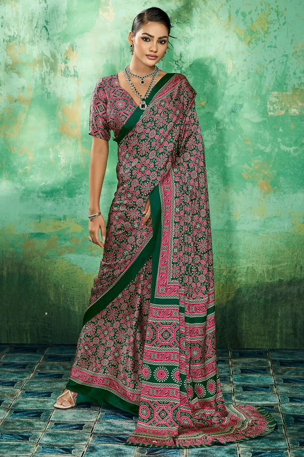 Dark_Green_Ajrakh_Printed_Semi_Modal_Silk_Saree_With_Elaborate_Blouse_Piece
