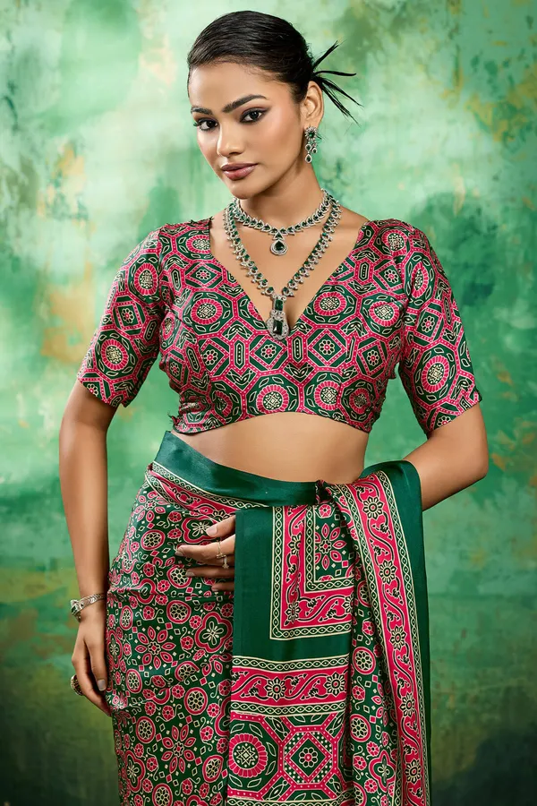 Dark_Green_Ajrakh_Printed_Semi_Modal_Silk_Saree_With_Elaborate_Blouse_Piece