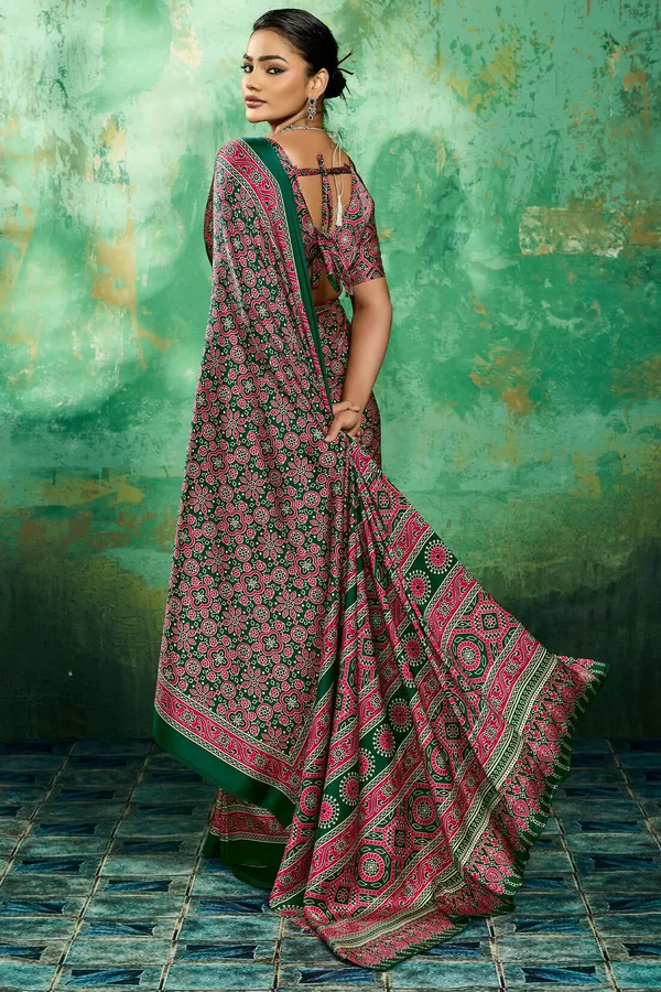 Dark_Green_Ajrakh_Printed_Semi_Modal_Silk_Saree_With_Elaborate_Blouse_Piece