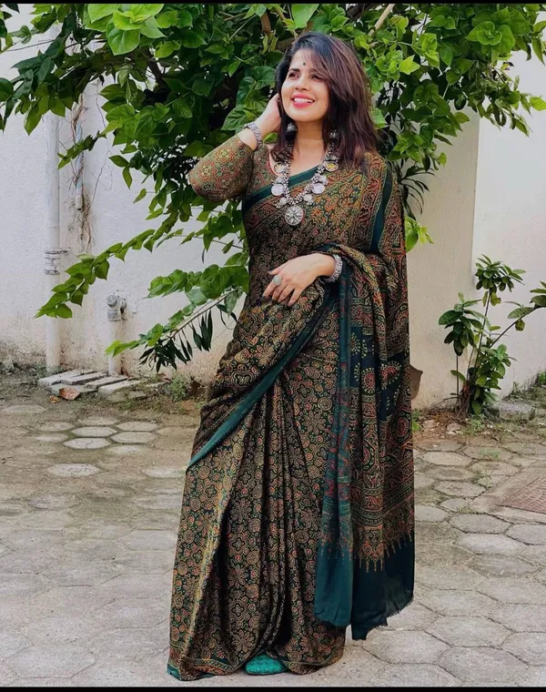 Attractive_Dark_Green_Ajrakh_Printed_Modal_Silk_Saree_With_Blouse_Piece