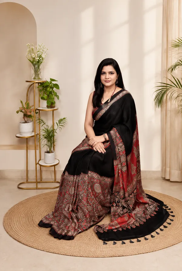 New_Modal_Silk_Ajrakh_Saree_With_Unstitched_Blouse_Piece