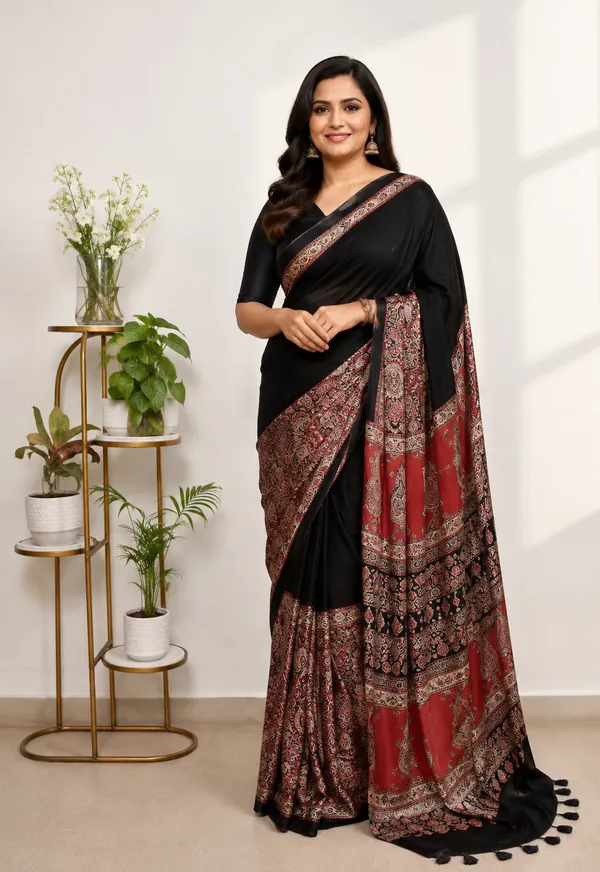 New_Modal_Silk_Ajrakh_Saree_With_Unstitched_Blouse_Piece