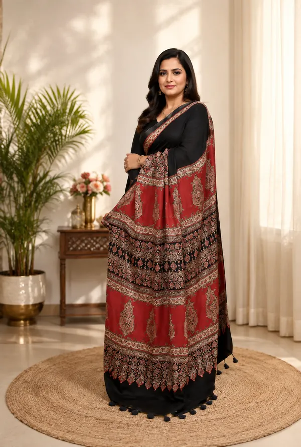 New_Modal_Silk_Ajrakh_Saree_With_Unstitched_Blouse_Piece