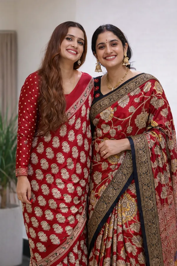 Premium_Semi_Modal_Red_Ajrakh_And_Pure_Mangalkari_Print_Silk_Saree