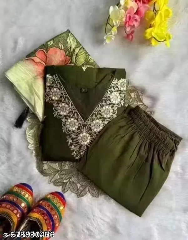 Olive_green_Cotton_Premium_Kurta_Set_For_Women