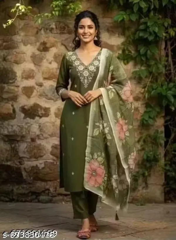 Olive_green_Cotton_Premium_Kurta_Set_For_Women