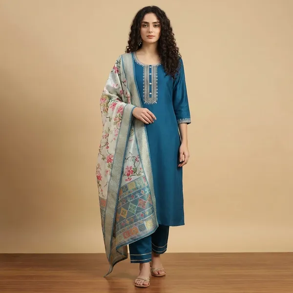 Teal_Blue_Cotton_Premium_Kurta_Set_For_Women