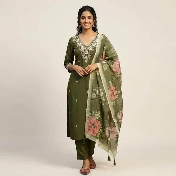 Olive_green_Cotton_Premium_Kurta_Set_For_Women