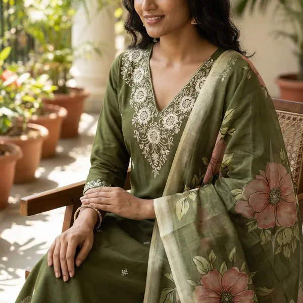 Olive_green_Cotton_Premium_Kurta_Set_For_Women