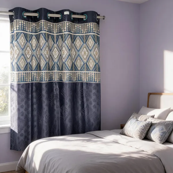 Polyester_Blue_Grey_Geometric_Diamond_Pattern_Eyelet_Curtain