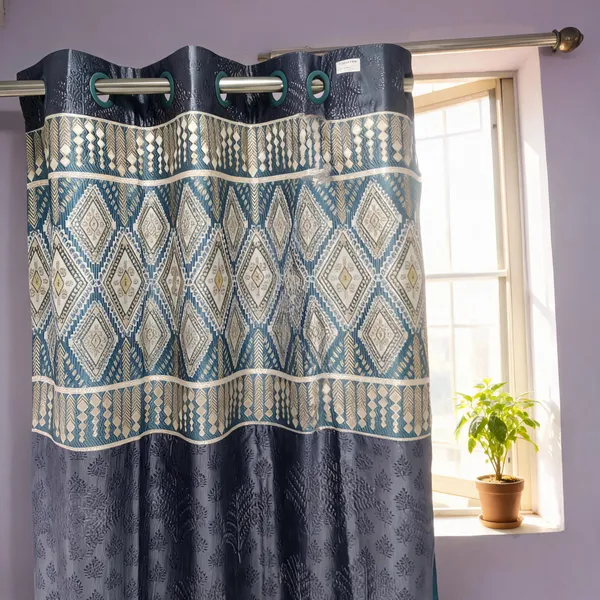 Polyester_Blue_Grey_Geometric_Diamond_Pattern_Eyelet_Curtain