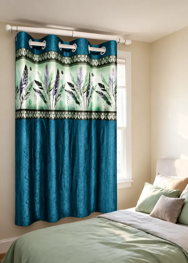 Polyester_Teal_Botanical_Feather_Print_Eyelet_Curtain