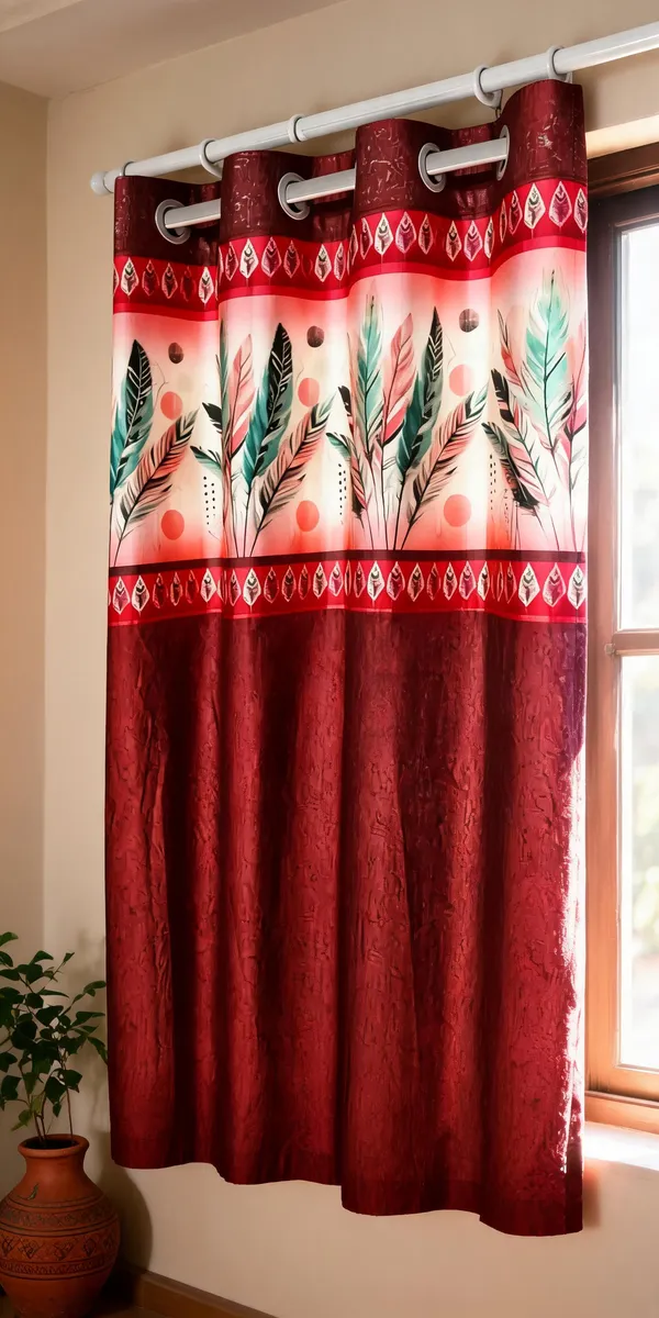 Polyester_Red_Contemporary_Feather_Print_Eyelet_Curtain