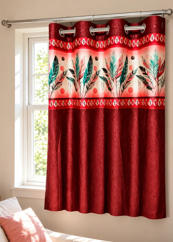 Polyester_Red_Contemporary_Feather_Print_Eyelet_Curtain