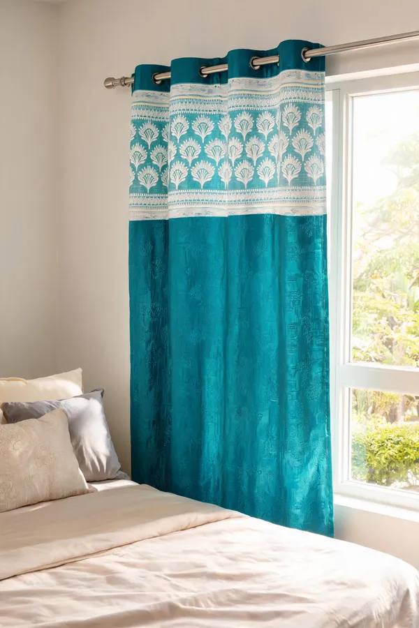 Polyester_Teal_Floral_Block_Print_Eyelet_Curtain