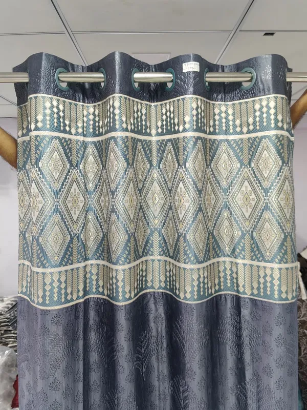 Polyester_Blue_Grey_Geometric_Diamond_Pattern_Eyelet_Curtain