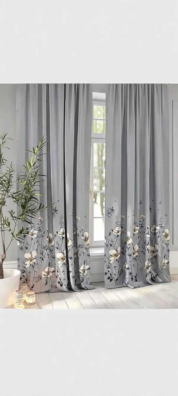 Polyester_Grey_Floral_Botanical_Print_Window_Curtain