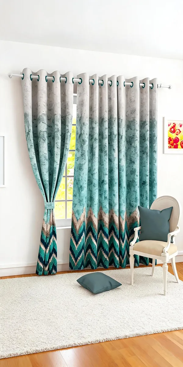 Polyester_Teal_Ombre_Chevron_Print_Eyelet_Curtain
