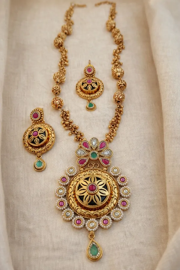 Antique_Gold_Blue_Multicolor_Enamel_Temple_Necklace_Set_For_Women