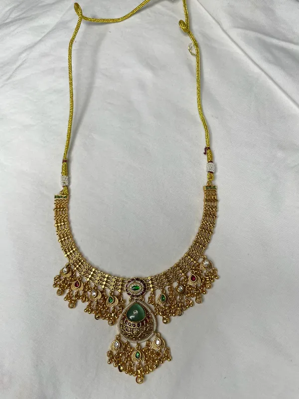 Multicolor_Antique_Gold_Green_Stone_Kundan_Necklace_Set_With_Earrings_For_Women