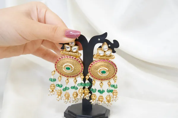 Multicolor_Alloy_Kundan_Green_Pearl_Chandbali_Earrings_For_Women