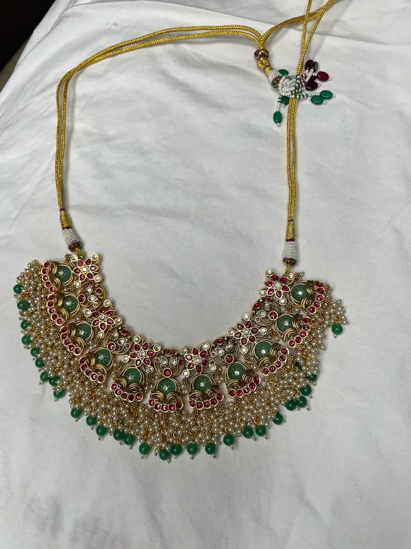 Multicolor_Antique_Gold_Kundan_Green_Red_Stone_Necklace_Set_For_Women