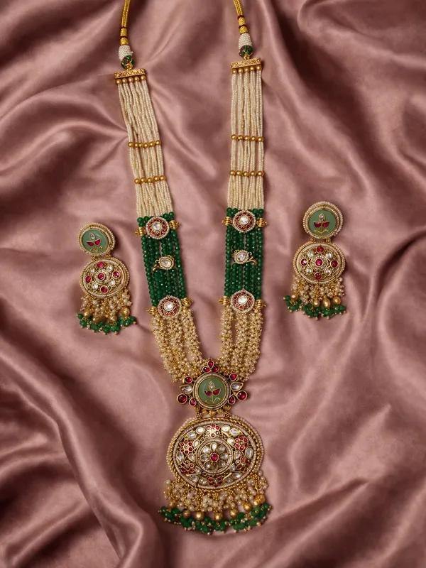 Antique_Gold-Toned_Green_Pearl_Beaded_Long_Necklace_Set_For_Women