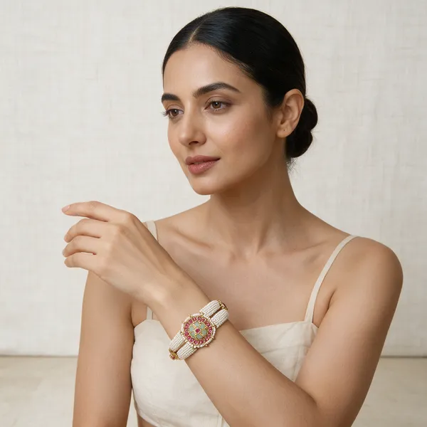 White_Pearl_Kundan_Floral_Meenakari_Bracelet_Set_For_Women