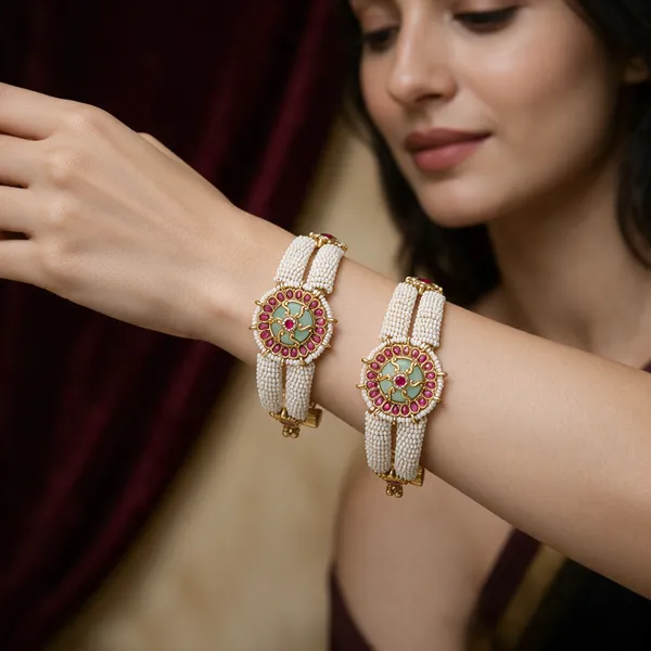 White_Pearl_Kundan_Floral_Meenakari_Bracelet_Set_For_Women