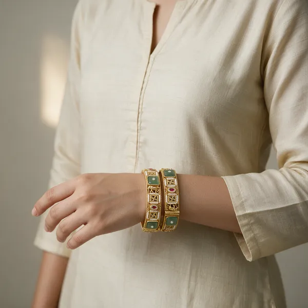 Gold-Toned_Jadau_Kundan_Bangles_With_Green_Pink_Stones_For_Women