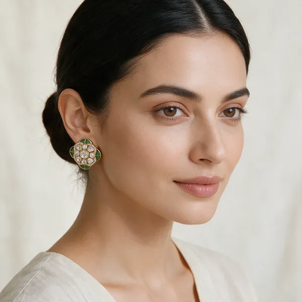 Multicolor_Alloy_Kundan_Green_Enamel_Stud_Earrings_For_Women
