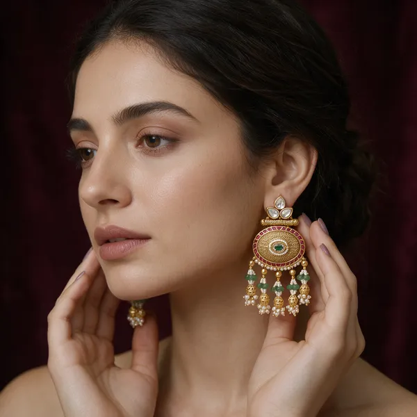 Multicolor_Alloy_Kundan_Green_Pearl_Chandbali_Earrings_For_Women