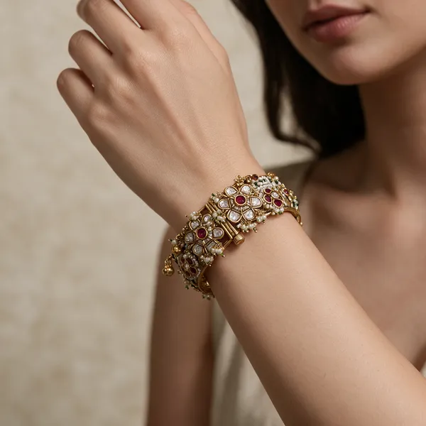 Gold-Toned_Kundan_Ruby_Green_Stone_Pearl_Drop_Lock_Type_Bangles_For_Women