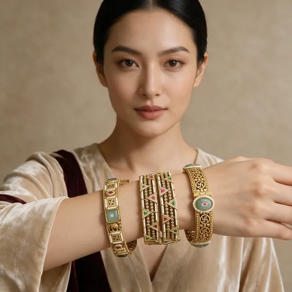 Gold-Toned_Green_Ruby_Pearl_Swastik_Design_Lock_Type_Bangles_For_Women