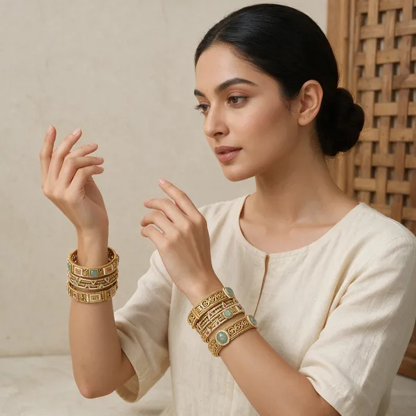Gold-Toned_Green_Ruby_Pearl_Swastik_Design_Lock_Type_Bangles_For_Women