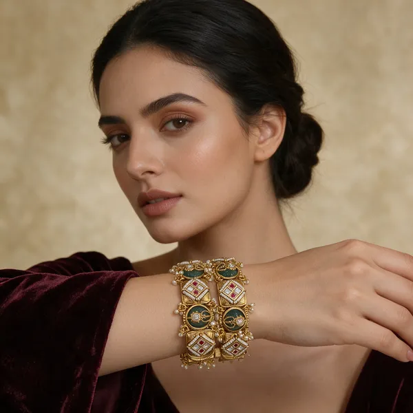 Gold-Toned_Emerald_Green_Kundan_Meenakari_Lock-Type_Kada_Bangle_For_Women