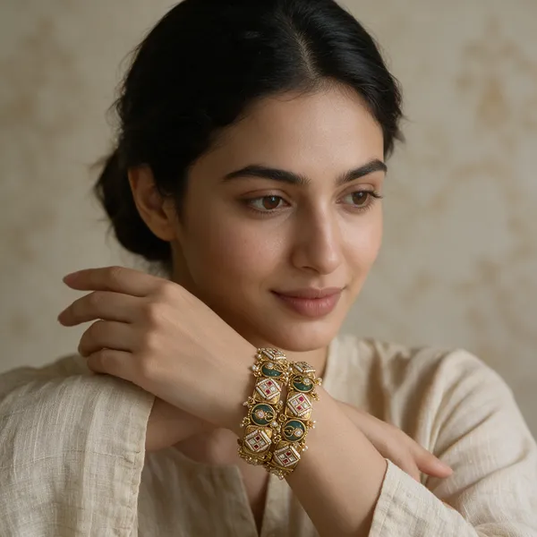 Gold-Toned_Emerald_Green_Kundan_Meenakari_Lock-Type_Kada_Bangle_For_Women