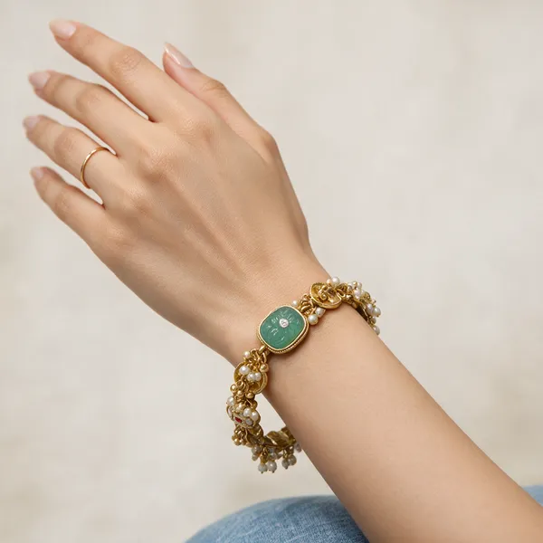 Gold-Tone_Mint_Stone_Pearl_Drop_Bangle_Set_For_Women