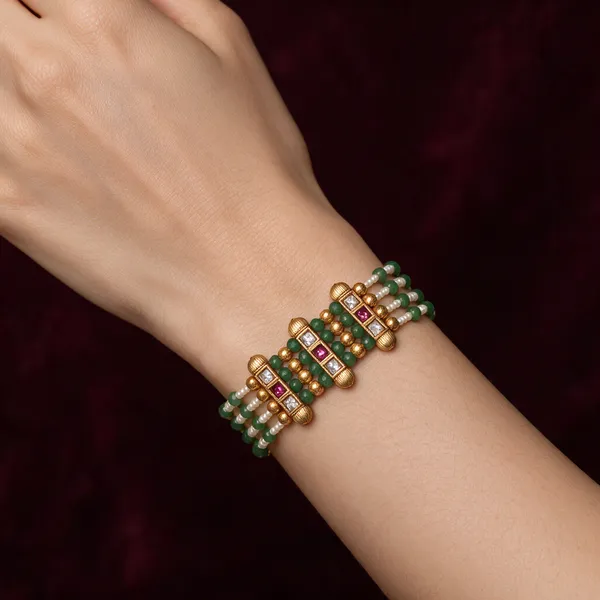 White_Gold-Toned_Copper_Alloy_Pearl_Green_Gemstone_Bracelet_For_Women