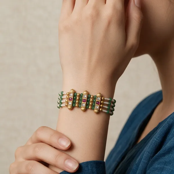 White_Gold-Toned_Copper_Alloy_Pearl_Green_Gemstone_Bracelet_For_Women
