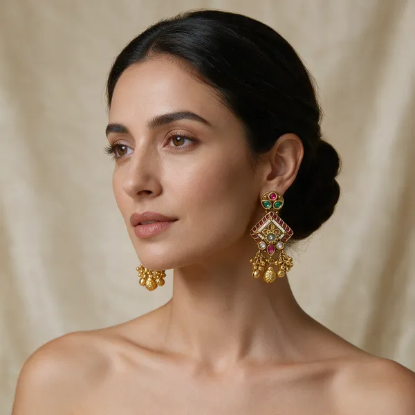 Gold_Toned_Multi_Stone_Floral_Drop_Earrings_For_Women
