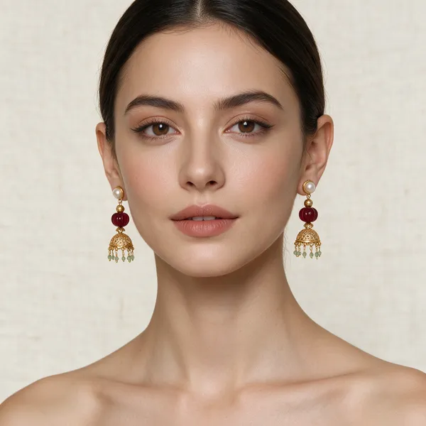 Gold-Toned_Ruby_Red_Bead_Filigree_Jhumka_Earrings_For_Women