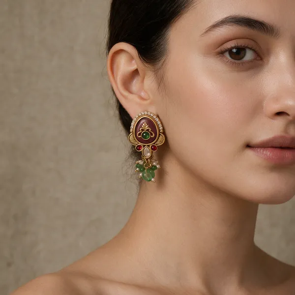 Gold-Toned_Maroon_Green_Kundan_Teardrop_Drop_Earrings_For_Women