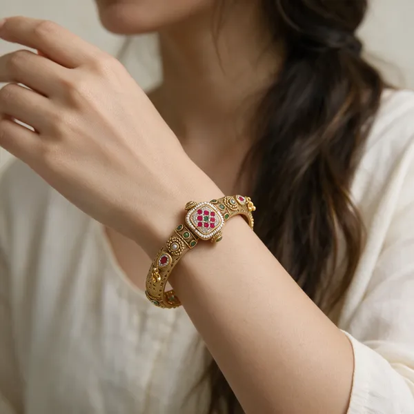 Gold-Toned_Ruby_Red_Green_Crystal_Kundan_Lock_Type_Bracelet_For_Women