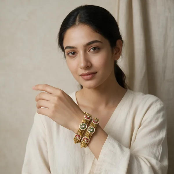 Gold-Toned_Copper_Alloy_Kundan_Floral_Ruby_Green_Stone_Bangles_For_Women